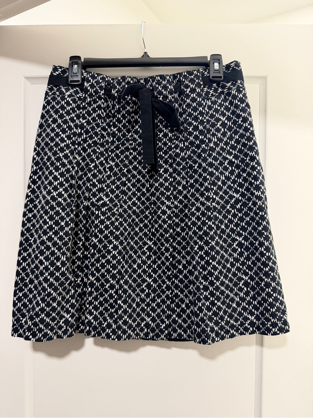 LOFT Black and White Patterned A-Line Skirt with Tie Waist